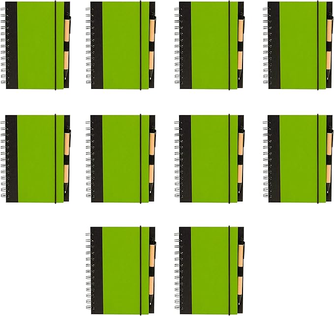 DISCOUNT PROMOS Eco Block Notebooks with Pens Set of 10, Bulk Pack - Perfect for School, Office, Business, Home - Lime Green