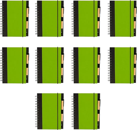 DISCOUNT PROMOS Eco Block Notebooks with Pens Set of 10, Bulk Pack - Perfect for School, Office, Business, Home - Lime Green