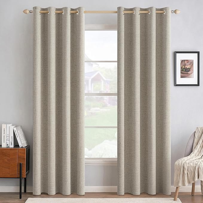 MIULEE 100% Blackout Linen Textured Curtains for Bedroom Solid Thermal Insulated Pebble Taupe Grommet Room Darkening Curtains & Drapes Luxury Decor for Living Room 52 x 72 Inch (2 Panels)