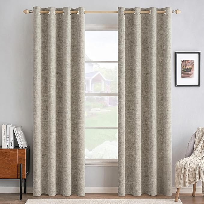 MIULEE 100% Blackout Linen Textured Curtains for Bedroom Solid Thermal Insulated Pebble Taupe Grommet Room Darkening Curtains & Drapes Luxury Decor for Living Room 52 x 90 Inch (2 Panels)
