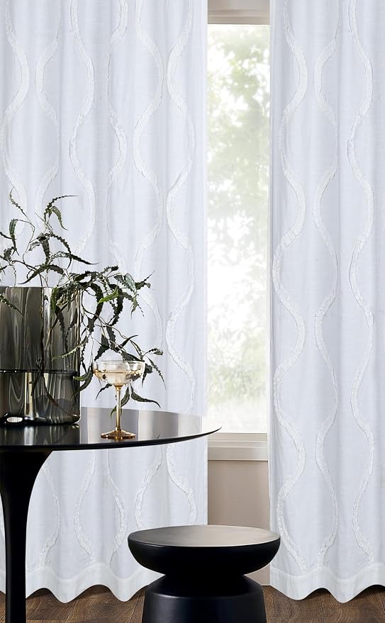 Bedding Craft White Farmhouse Tab Top Curtains 96 Inch Long – Set of 2 Cotton Semi Sheer Light Filtering Drapes with Frill Trim, Rustic Boho Window Curtains for Living Room Bedroom