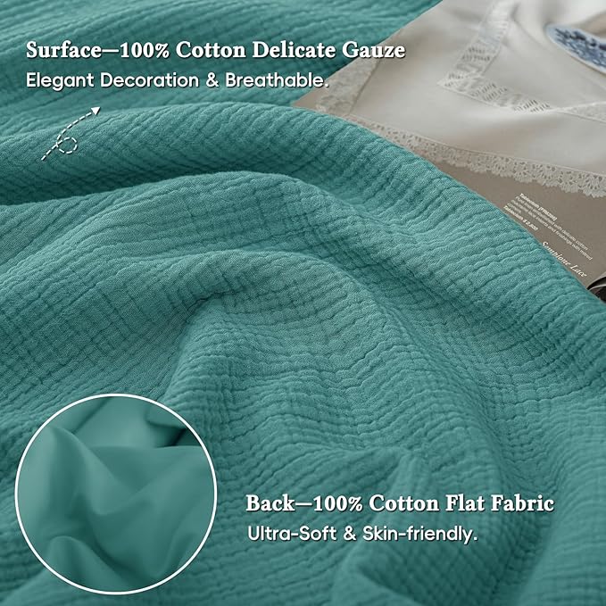 David's Home 100% Cotton Muslin Duvet Cover Set King Size,3 Pcs Ultra Soft Breathable & Lightweight Gauze Bedding Set with 2 Pillowcases,Textured Home Decor with Button, 104"×90" Teal,No Insert