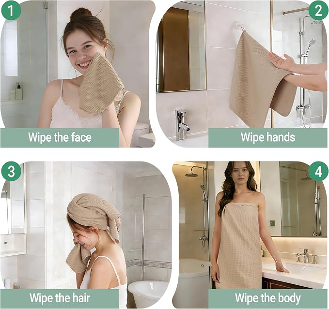 MICROFI Waffle Weave Bath Towel Set, Microfiber, 4 Pieces (Body/Hair/Hand/Face), Quick Dry, Lightweight, Super Absorbent, Lint Free, 380 GSM (Beige)