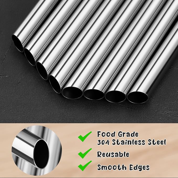 NiHome 8-Pack Stainless Steel Straws for Boba, Smoothie, 10.4” Metal Straws | 0.5'' Extra Wide Metal Reusable Straws, 4 Bent & 4 Straight Long Drinking Straw for Bubble Tea, Milkshake, 2 Brushes, Silver