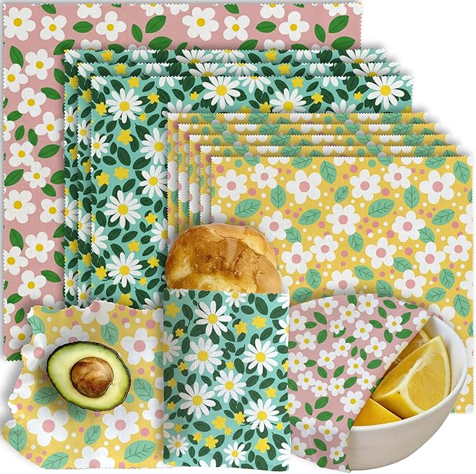 Reusable Beeswax Wrap, 9 Pack Eco-Friendly Beeswax Wraps For Food, Organic, Sustainable, Biodegradable, Zero Waste, Plastic-Free Food Storage, 1XL, 3M, 5S Spring Floral Daisy Pattern