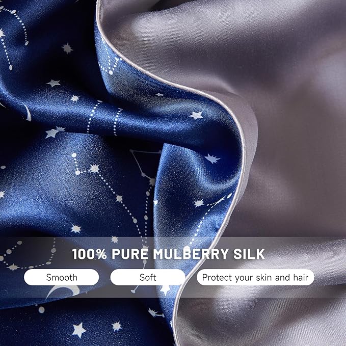 THXSILK Set of 2 Natural Mulberry Silk Pillowcase for Hair and Skin Heath, Grade 6A+ Mulberry Silk Hypoallergenic Pillow Cover with Zipper (King 20"x36", Navy Blue Constellation Pattern)