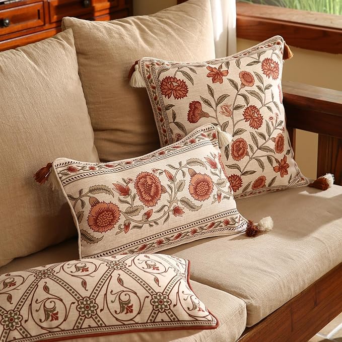 ISAENNE Design Linen Rectangle Vintage Throw Pillow Covers 12"x20" Pack of 2, Brick Red Cushion Covers with Orange Floral Green Leaves Pattern Decor Pillowcases for Bed,Living Room,Outdoor,Car