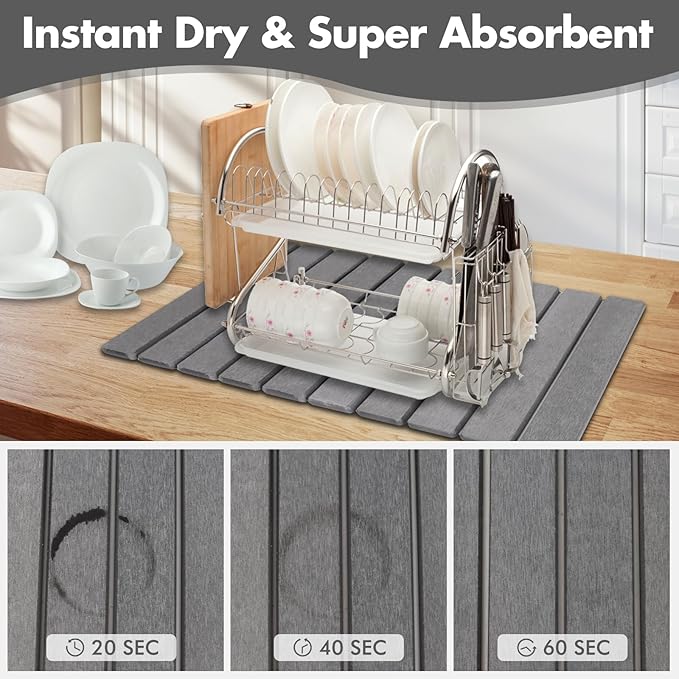 Large Stone Dish Drying Mat for Kitchen Counter, Eco-friendly, Instant Drying Pad,Diatomaceous Earth Water Absorbing Mat, Foldable and Super Absorbent Dish Drying Stone Mat, 24"×16", Dark Gray
