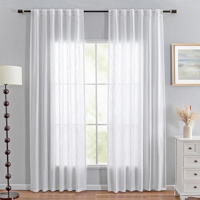 MYSKY HOME White Curtains for Living Room 1 Panel, Semi Sheer Curtains & Drapes Light Filtering Farmhouse Country Boho Style Back Tab Draperies for Sliding Glass Door (Customsize, White)