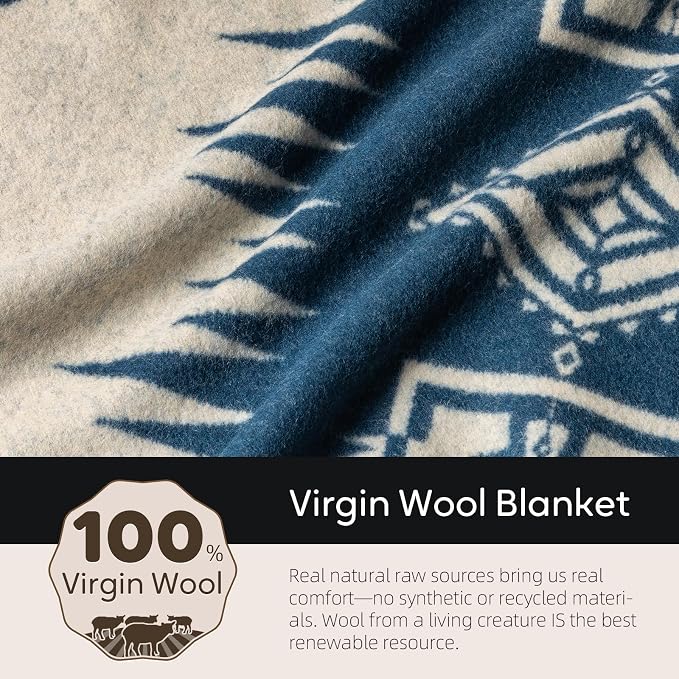 Molithe 100% Wool Blanket, 62" x 86", Warm, Thick, Washable, Military | Great for Camping, Outdoors, Sporting Events, Survival Kits Island Blue