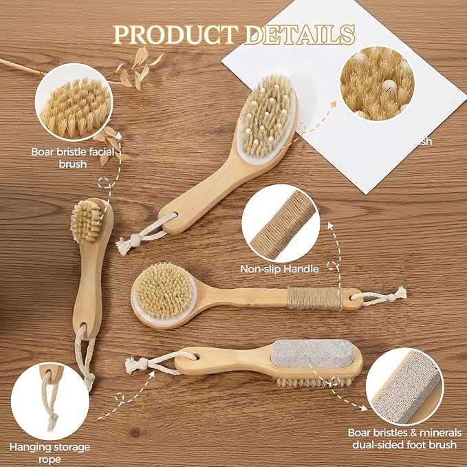 5 Packs Dry Brushing Body Brush Set for Lymphatic Drainage, Cellulite Massager and Scalp Care, Long Handle Dry Brush for Body, Natural Boar Bristle Body Brush Exfoliator