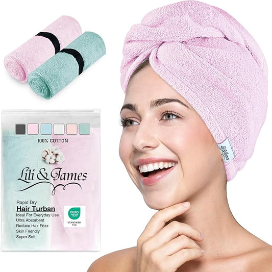 Lili&James 100% Cotton Hair Towel Wrap for Women & Kids – 420 GSM Quick Dry Hair Turban with Double Button Loop, Anti Frizz Non Microfiber Hair Drying Towel for Curly, Long & Thick Hair (Lilac+Aqua)
