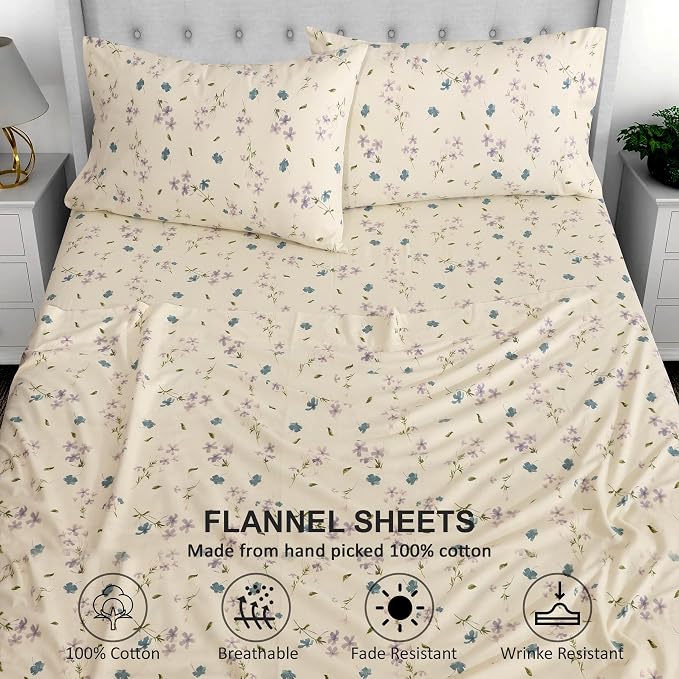 RUVANTI Flannel Sheets Queen Size - 100% Cotton Double Brushed Bed Sheets, Deep Pockets 16 Inches Queen Sheet Set, All Seasons Breathable & Extra Soft - Warm & Cozy, 4 Piece, Jasmine Stamp Cream
