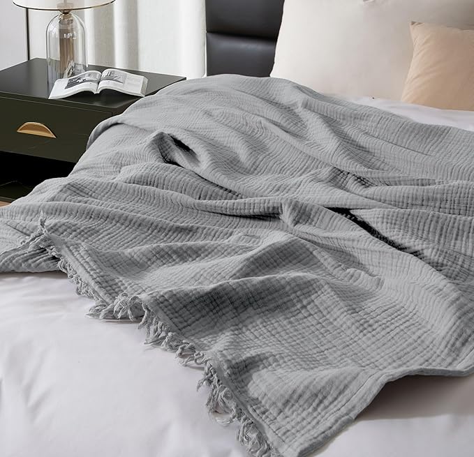 KyraHome Pre-Washed 100% Organic Cotton Blanket 90"x90" Queen Muslin Blankets for Adults, Bed, Plant Dyed, Lightweight Breathable Gauze Summer Bedspread, Coverlet, All Season, Light Grey