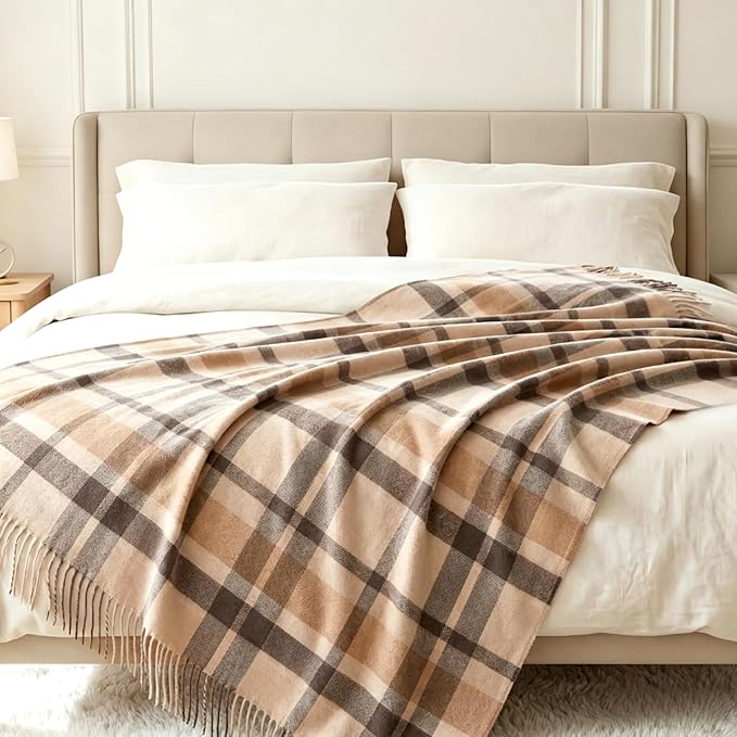 Soft Pure Wool Throw Blanket, Lightweight Warmth, 55"x83", Plaid, Fringe, Compact with Bag, Useful Gift for Women Men, All Season Decorative Cozy Travel Blanket for Couch Bed, Outdoors