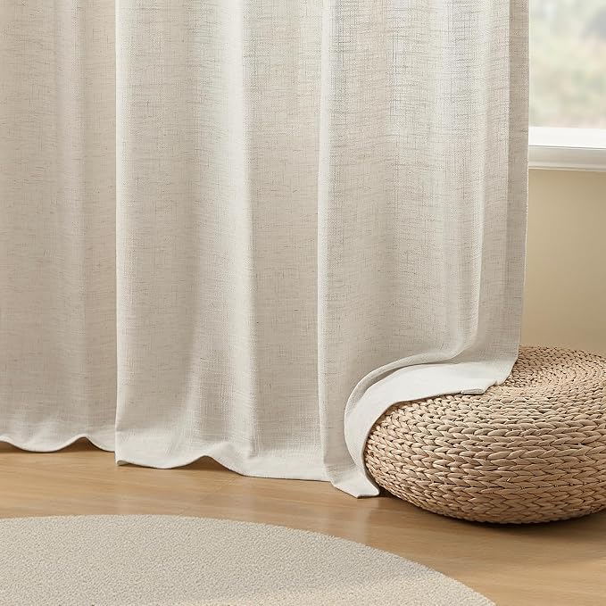 IVAPUPU Natural Extra Wide Pinch Pleated Linen Curtains for Living Room, Light Filtering Memory Training Semi Sheer Pleat Curtain with Hooks Rings Back Tab Window Treatments Drapes, 70Wx90L, 1 Panel