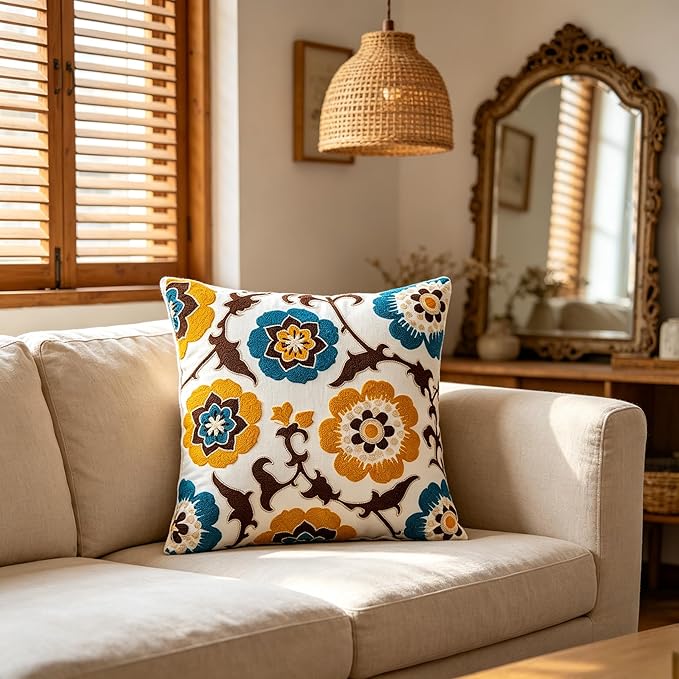 Embroidered Throw Pillow Cover 18x18 Inch,Cotton Canvas Floral Pillow Case, Daisy Wildflower Leaf Boho Farmhouse Decorative Cushion Square for Sofa Bedroom Living Room Outdoor Couch Farmhouse (A002)