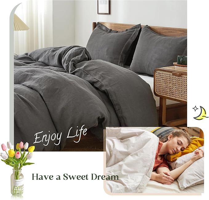 Simple&Opulence 100% Linen Duvet Cover Set, 3 PCS Natural French Flax Dark Grey Duvet Cover Full Size, Breathable Soft Comfy Linen Bedding Comforter Cover with 2 Pillowcases(Dark Grey, 78"x86")