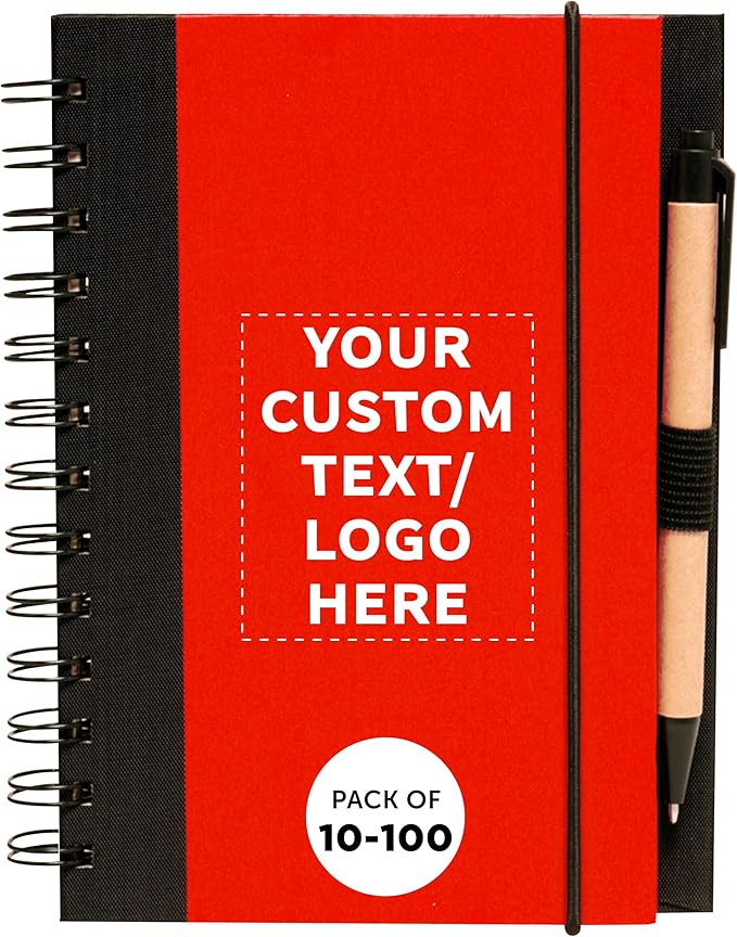 DISCOUNT PROMOS Custom Eco Block Notebooks with Pens Set of 10/50/100, Personalized Bulk Pack - Perfect for School, Office, Business, Home - Red