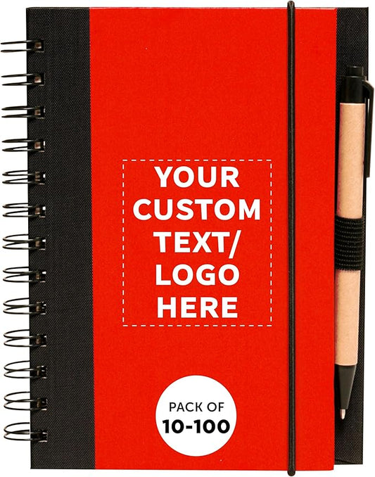 DISCOUNT PROMOS Custom Eco Block Notebooks with Pens Set of 10/50/100, Personalized Bulk Pack - Perfect for School, Office, Business, Home - Red