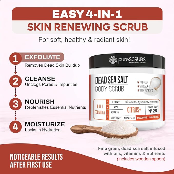 pureSCRUBS Premium Citrus Body Scrub Set - Large 16oz Dead Sea Salt Body Scrub With Infused Essential Oils & Nutrients, Includes Wooden Spoon, Loofah & Oatmeal Exfoliating Bar Soap