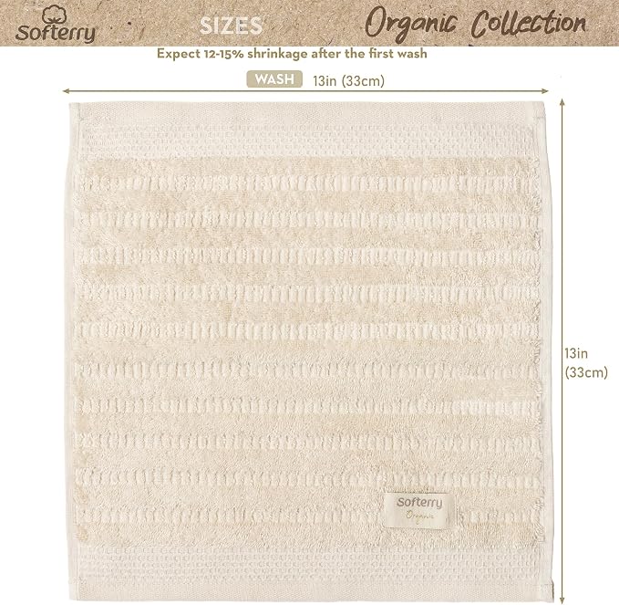 Softerry Pure Organic Cotton Washcloth Set - 100% Soft Cotton - Extra Absorbent and Durable - 500 GSM Quick Dry - Luxury Hotel & Spa Quality - Fade Resistant - Eco Friendly (Natural, 6pc wascloths)