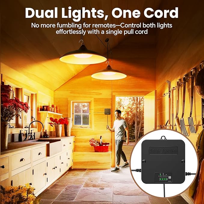 Solar Shed Light Indoor Outdoor, Dual Lamp Warm White Daytime Available Pendant Light with Pull String, Dusk to Dawn, 3 Lighting Modes Solar Lights Indoor, Waterproof for Barn, Gazebo, Shop