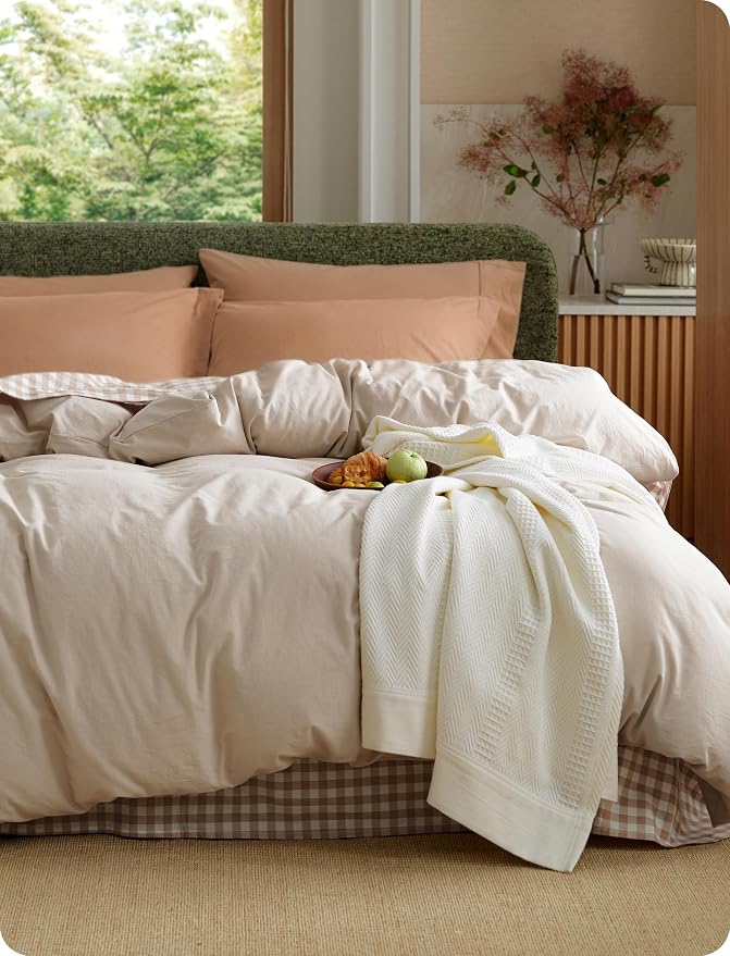 Bedsure Duvet Cover Queen Size - 100% Washed Cotton, Linen-Like Minimalist Bedding - PureWoven Plain Soft Comforter Cover for All Seasons, 1 Duvet Cover Only (Oatmeal, 90" x 90")