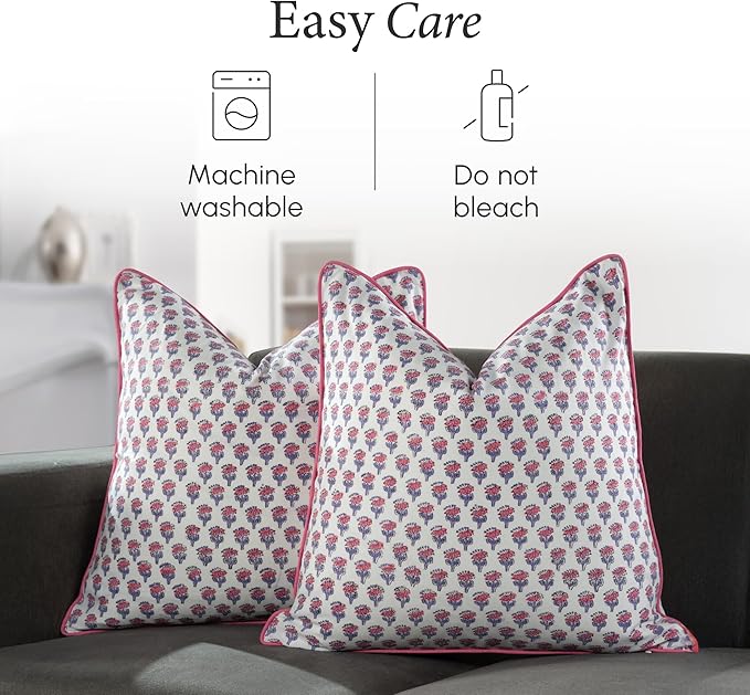 CPC 100% Cotton Throw Pillow Covers 24x24 Inch, Set of 2 Pink Block Print Pattern Couch Pillow, Cute Boho Decorative Pillows for Living Room, Bedroom with Hidden Zipper- Pink Sapphire
