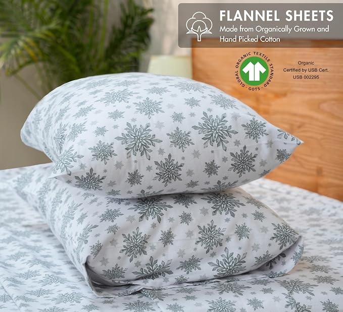 RUVANTI Flannel Sheets Full Size - GOTS Certified 100% Organic Cotton, 4 Piece Warm, Soft & Breathable Set, Deep Pocket Snug Fit, Double Brushed Cozy All Season Bedding, Crystal Noir