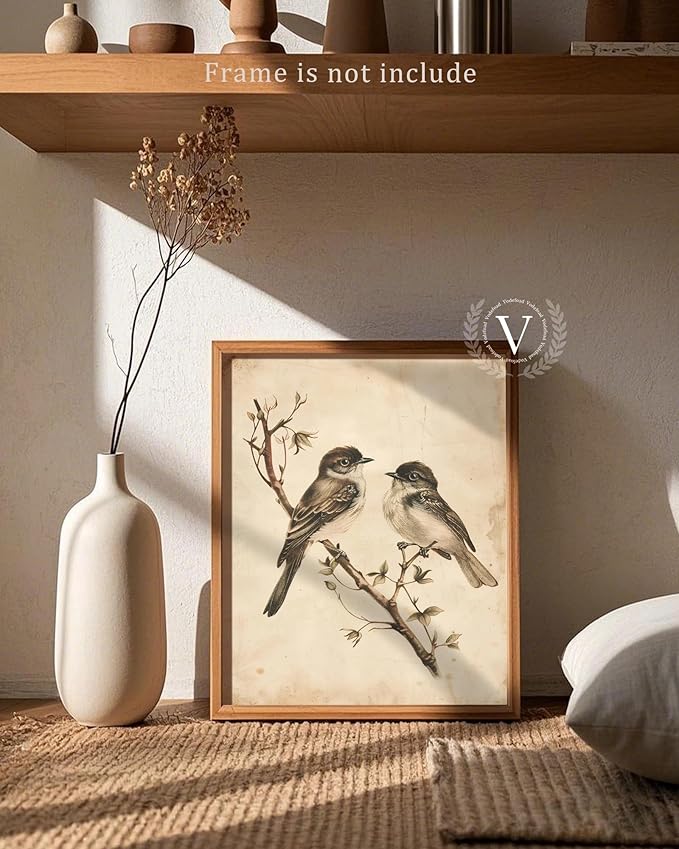 Vodefoad Vintage Botanical Birds Print Neutral Summer Bird Printable Wall Art Minimalist Nature Decor Rustic Cottage Summer Canvas Decoration Classic Neutral Animal Artwork Canvas Wall Decor for Home, Bedroom, Living Room, Bathroom, Lake House - 8x10In...