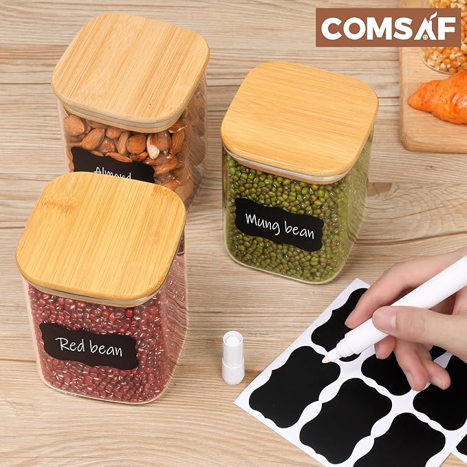 ComSaf Airtight Glass Storage Canister with Wood Lid (37oz) - 27 oz Glass Food Storage Jars Set of 6