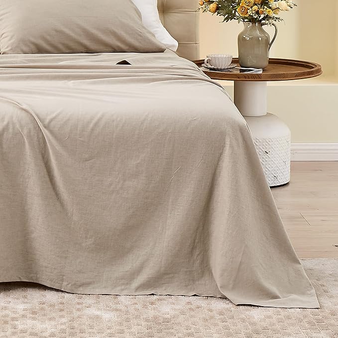 BISELINA Linen Sheet French Flax Flat Sheet Only 55% Euro Linen 45% Cotton Basic Style Solid Color Soft Breathable Farmhouse Top Sheet 1-Piece (Queen, Khaki)