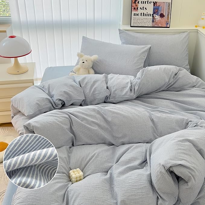 mixinni Blue Striped Duvet Cover Twin Size - 100% Washed Cotton Pinstripe Comforter Cover with Zipper Closure, Lightweight & Breathable, 3 Pieces Minimalist Stripes Pattern Printed Bedding Set