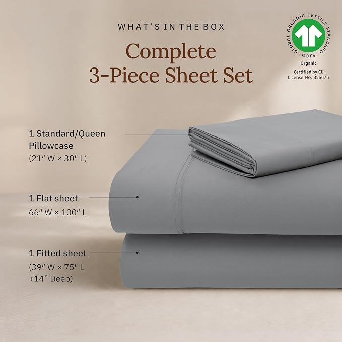 California Design Den 100% Organic Cotton Sheets Twin Size Bed Set - Soft and Lightweight Sateen, Deep Pocket Twin Sheets, Durable Bedding - Grey
