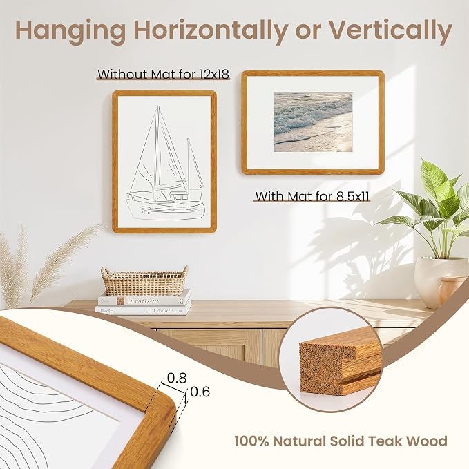 Fun Memories 12x18 Picture Frame - Solid Teak Wood Poster Frame, 12x18 Photo Frame with Mat for 8.5x11, 12 By 18 Wooden Picture Frame, Horizontal or Vertical Wall Display, Natural Teak