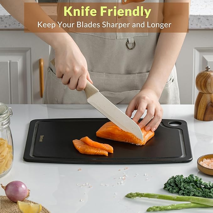 Cutting Board for Kitchen, 17.3x12.8Inch Wood Fiber Composite Cutting Board with Juice Groove and Non-slip Feet, Dishwasher Safe, Knife-Friendly Chopping Board for Meat, Bread, Fruit, Black