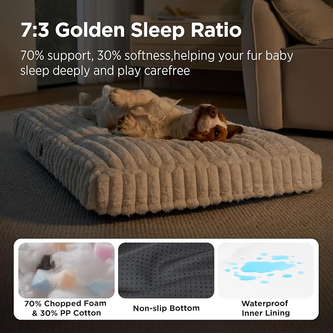 Bedsure ComfyFleece™ Fluffy Plush XXL Dog Bed Crate Pillow 47x29 Cream | Aesthetic Crate Bed for Balanced Support Cute Chopped Foam Pad with Removable Washable Cover Non-Slip Waterproof Cozy Pet Mat