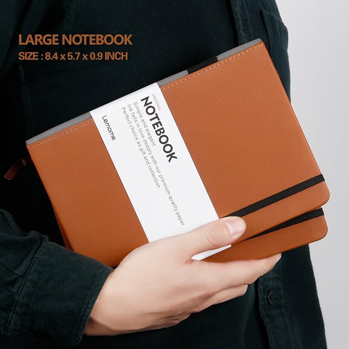 Lemome Thick Classic Notebook with Pen Loop A5 College Ruled Hardcover Writing Notebook with Pocket + Page Dividers Gifts, Banded, Large, 180 Pages, 8.4 x 5.7 in