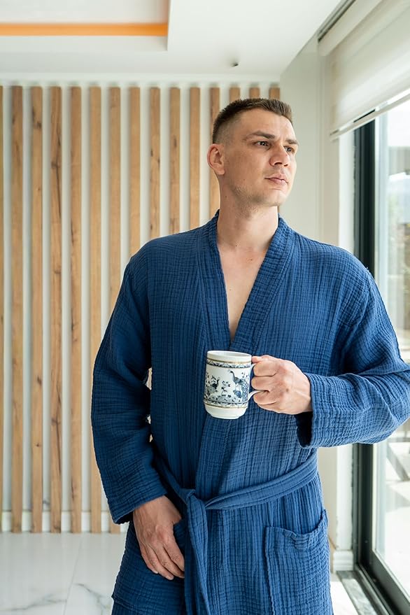 Muslin Unisex Bathrobe Women & Men, 100% Cotton Kimono Lightweight Robe | Long Robes Soft, Absorbent, Spa robes