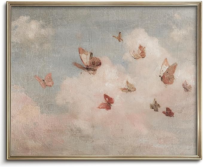 Vintage Whimsical Butterfly Wall Art Vintage Nursery Wall Art Cottagecore Girls Room Decor Cottage Butterfly Landscape Oil Art Print Country Field Style Retro Wall Decor for Gallery Living Room Bedroom (UNFRAMED 8x10in)