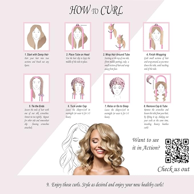 Sleep ‘N Curl - 100% Pure Mulberry Silk - Heatless Hair Curler KIT with Pure Silk Cap (Bonnet)