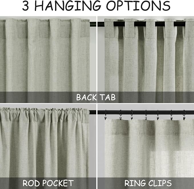 Sage Green Curtains 96 inches Long 2 panels for Living Room Back Tab Rod Pocket Semi Sheer Linen Draperies Muted Neutral Room Decor Earth Tone Pale Green Curtains 96 inch Length for Diningroom