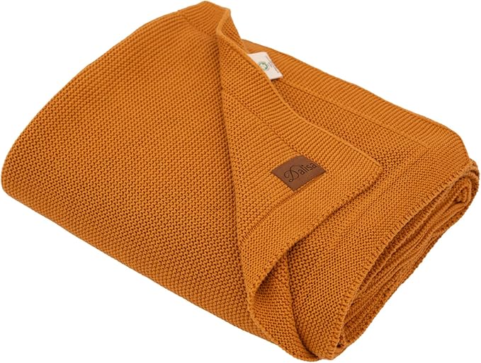 Dalisa 100% Organic Turkish Cotton Throw Blanket - GOTS Certified, Cozy - Perfect for Couch, Bed, and Home Decor - Boho Vintage Knit Alina (Saffron Gold, 60x80)