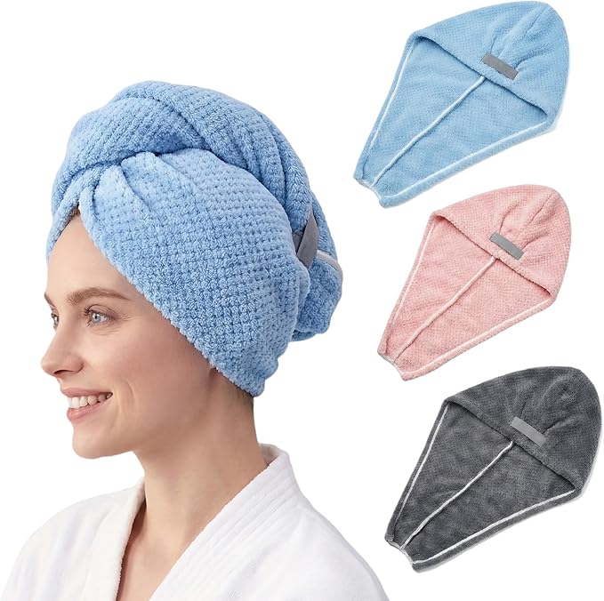 Microfiber Hair Towel wrap for Long Curly Hair Super Absorbent Quick Drying Turban Cap Thick lint Free Lightweight 90g Travel Essential for Women After Shower Anti frizz (Blue, Pink & Gray)