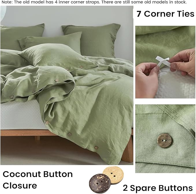 Simple&Opulence 100% Linen Duvet Cover Set 3pcs with Coconut Button Closure Natural French Washed Flax Solid Color Soft Breathable Farmhouse Bedding - Sage Green, Queen Size