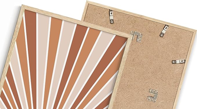 Boho Rising Sun Wall Art Sunburst Rays Earth Tones Terracotta Mid Century Modern 8x10 Inch Oak Wood Beige Framed Minimalist Landscape Sunshine Print for Nursery Decor