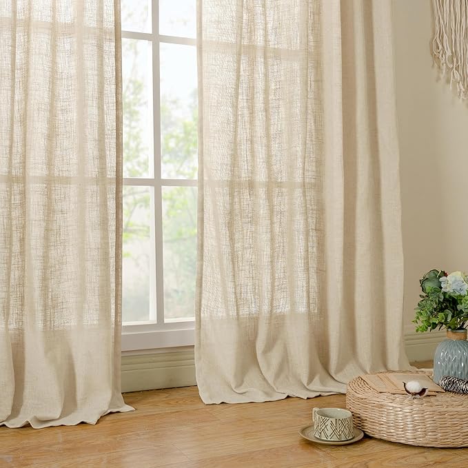 LAMIT Linen Semi Sheer Curtains 48 Inch for Bedroom, Light Filtering Neutral Window Curtains Farmhouse Boho Back Tab and Rod Pocket Panels, Linen, 2 Panels, 52 x 48 Inch