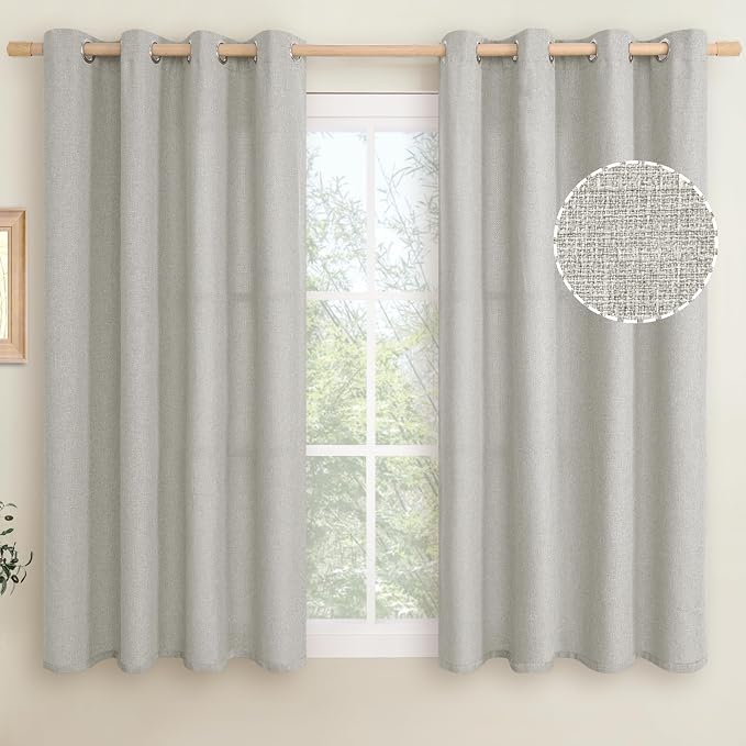 LAMIT Linen Curtains for Bedroom 45 inch Length 2 Panels, Linen Textured Thermal Insulated Curtain Panels Privacy Grommet Light Filtering Window Drapes for Boys Room, 2 Panels, W52 x L45, Light Grey