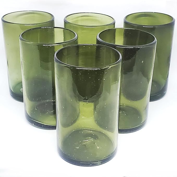 Solid Olive Green 14 oz Drinking Glasses (set of 6), Recycled Glass, Lead-free, Toxin-Free (14oz Drinking)